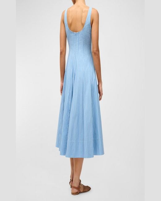 Staud Blue Wells Pinstripe Cotton Poplin Sleeveless Midi Dress
