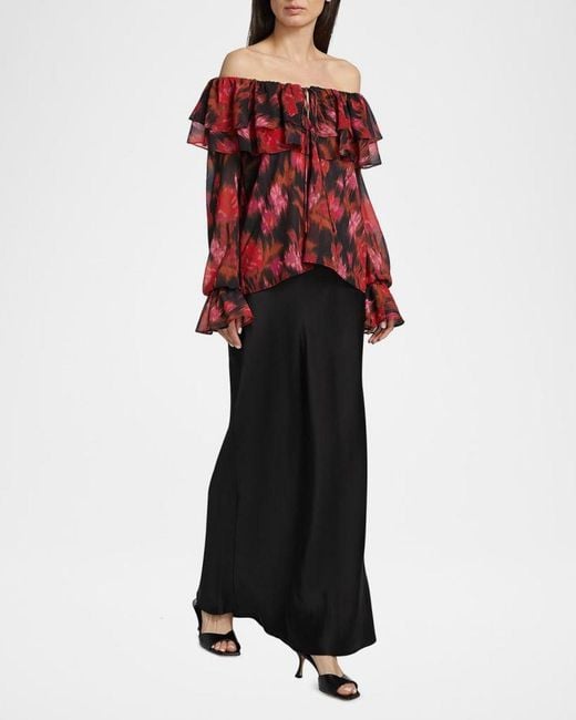 MISA Los Angles Red Patsy Floral Chiffon Off-Shoulder Top