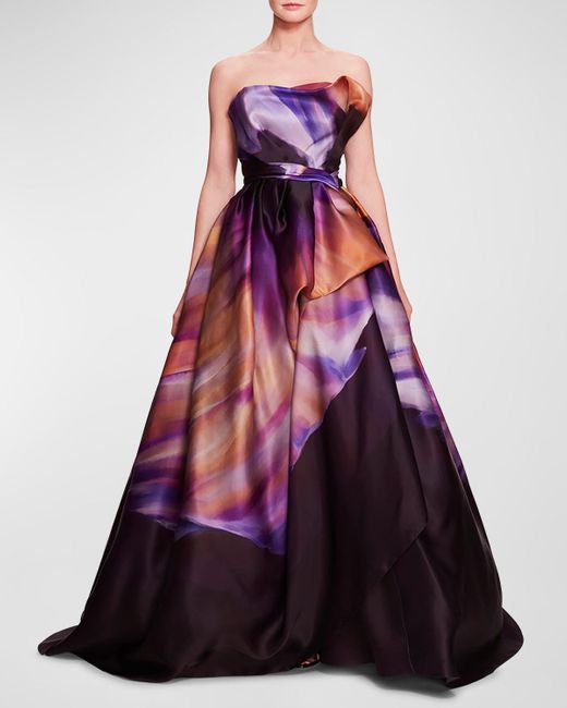 Marchesa Purple Strapless Satin Organza Draped Gown