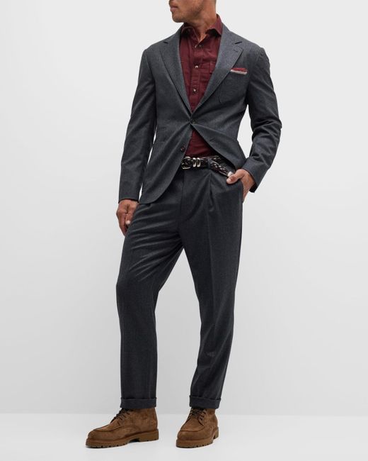 Brunello Cucinelli Blue Wool Flannel Patch-Pocket Suit for men