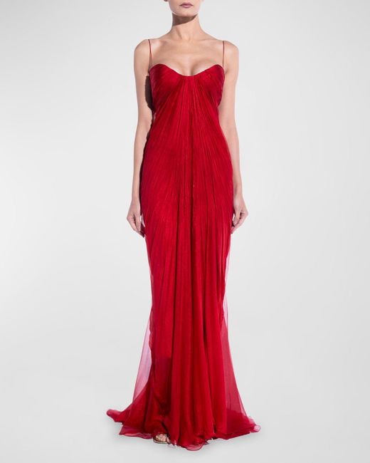 Maria Lucia Hohan Red Victoria Lace-Up Backless Plisse Sleeveless Gown