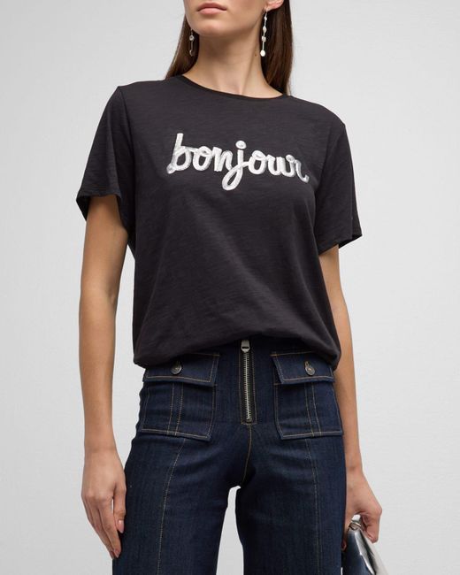 Cinq À Sept Black Bonjour Fringe Embroidered Shrunken T-Shirt