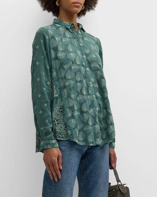 Johnny Was Green Pine Desi Embroidered Eyelet Button-down Blouse