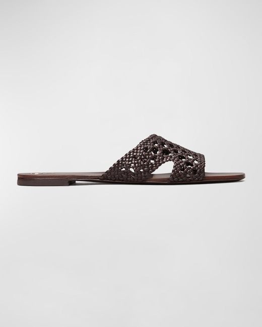 Tory Burch Brown Woven Leather Flat Slide Sandals
