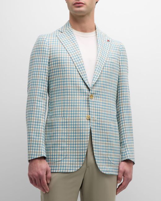 Isaia Blue Check Linen-Blend Sport Coat for men