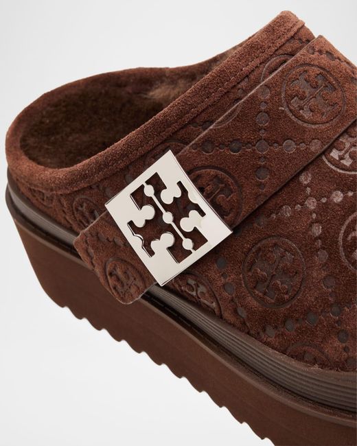 Tory Burch Brown Mellow Shearling Platform T Monogram Mules