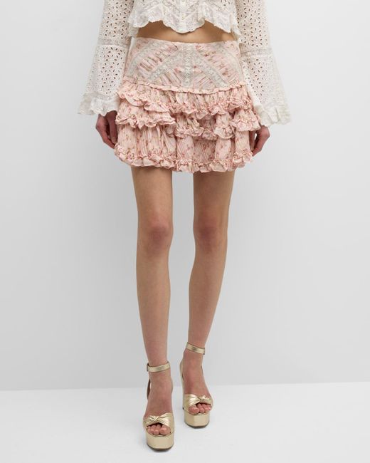 LoveShackFancy Pink Robeina Floral Tiered Ruffle Mini Skirt