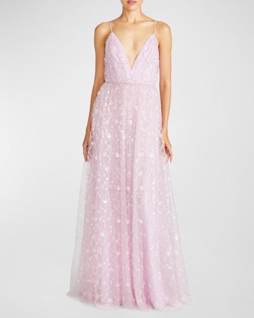 ML Monique Lhuillier Pink Layla Deep V-Neck Sequin Gown