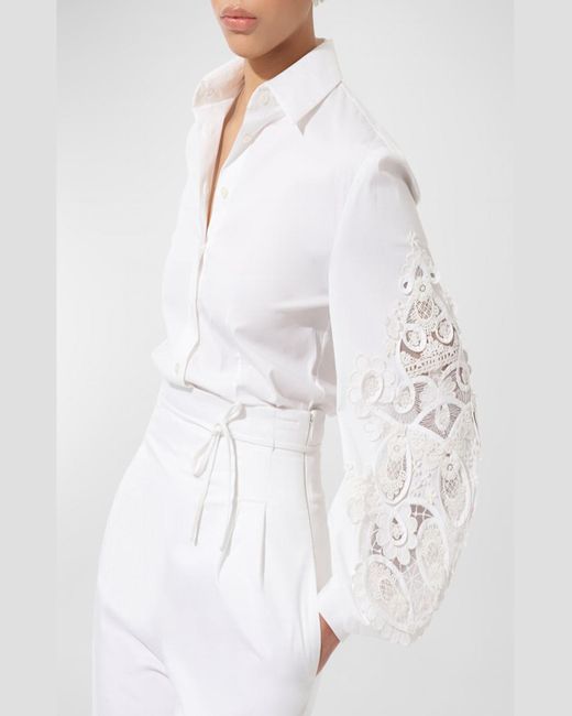 Carolina Herrera White Embroidered Puff-Sleeve Button-Front Blouse