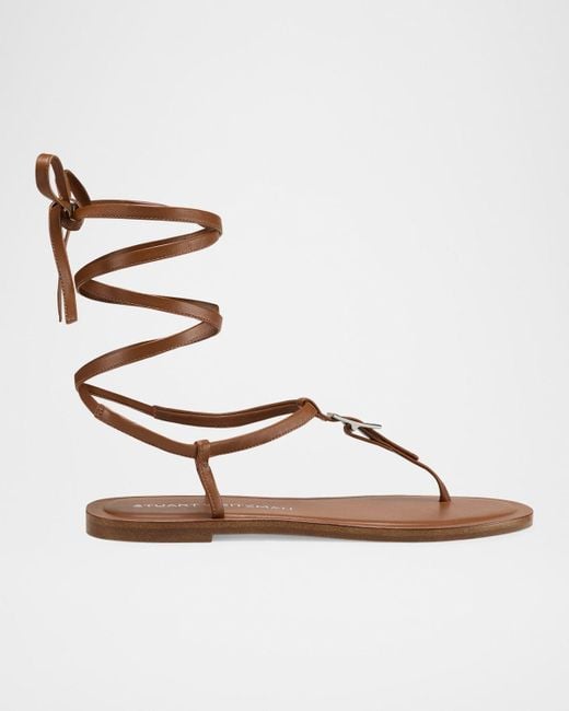 Stuart Weitzman Metallic Georgie Leather Ankle-Wrap Flat Sandals