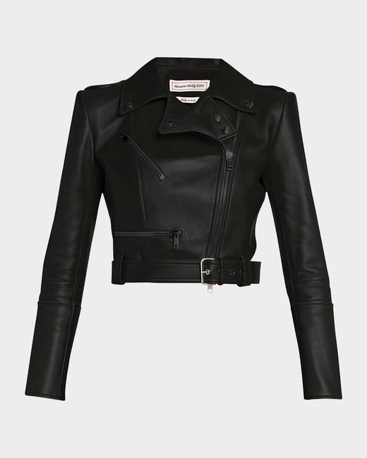 McQueen Black Cropped Leather Biker Jacket