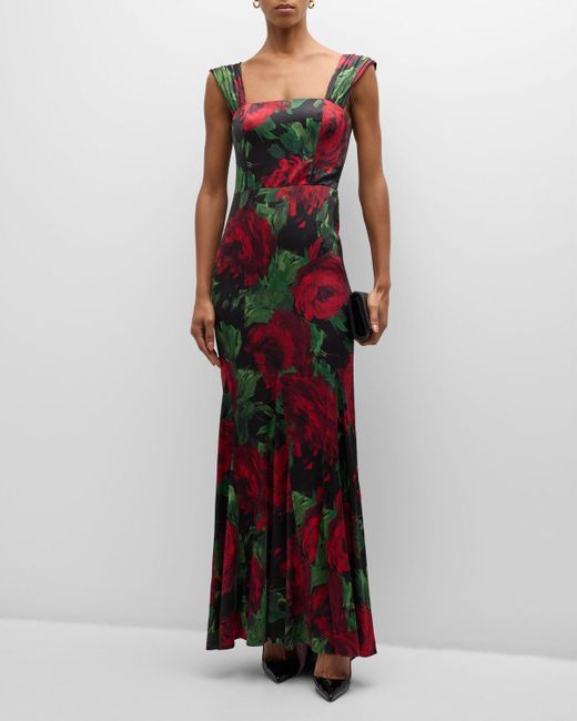 Alice + Olivia Red Arza Floral-print Godet-pleated Maxi Dress