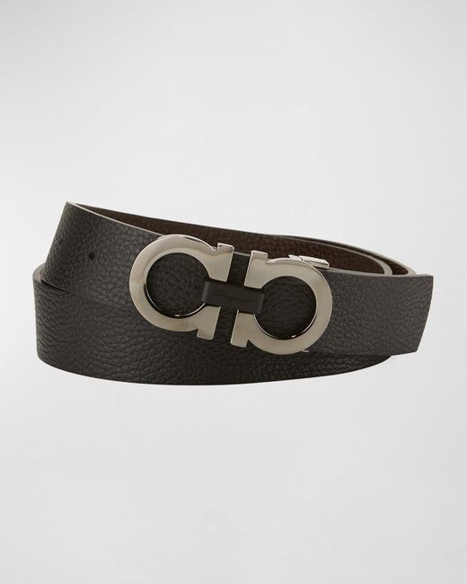 Ferragamo Black Moufflon Adjustable & Reversible Double-Gancini Buckle Leather Belt for men