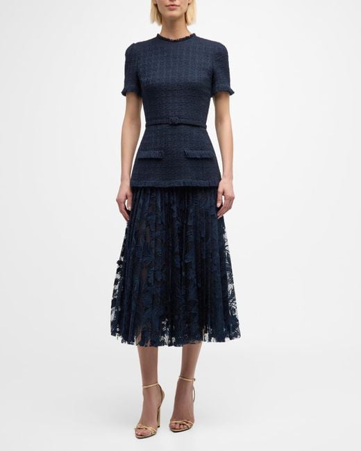 Oscar de la Renta Blue Short-sleeve Tweed And Guipure Skirt Midi Dress With Self Belt