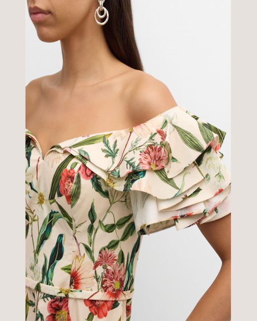 Teri Jon White Floral-Print Off-Shoulder Stretch Cotton Dress