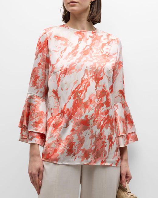 Misook Red Abstract-print Bell-sleeve Blouse