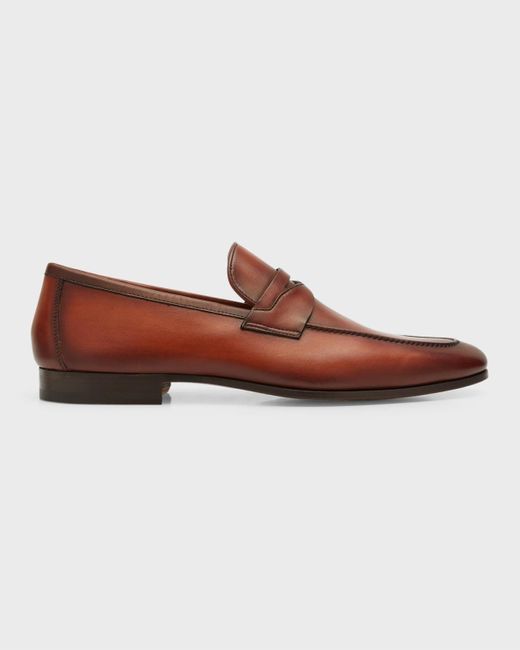 Magnanni Shoes Brown Sasso Leather Penny Loafers for men
