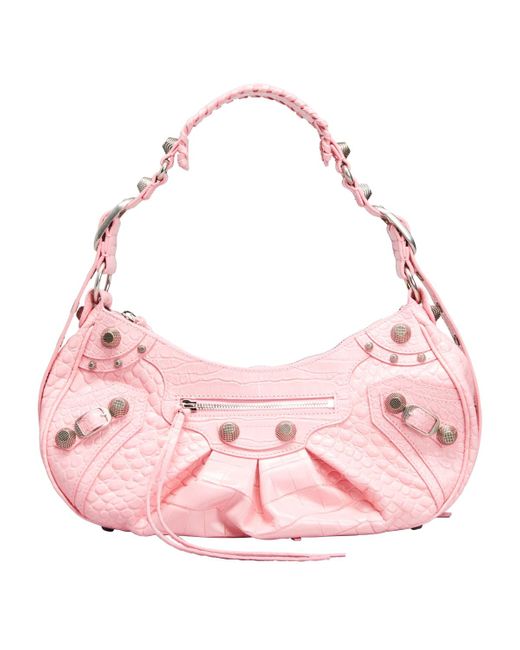 Balenciaga Pink Le Cagole Croc-Embossed Shoulder Bag