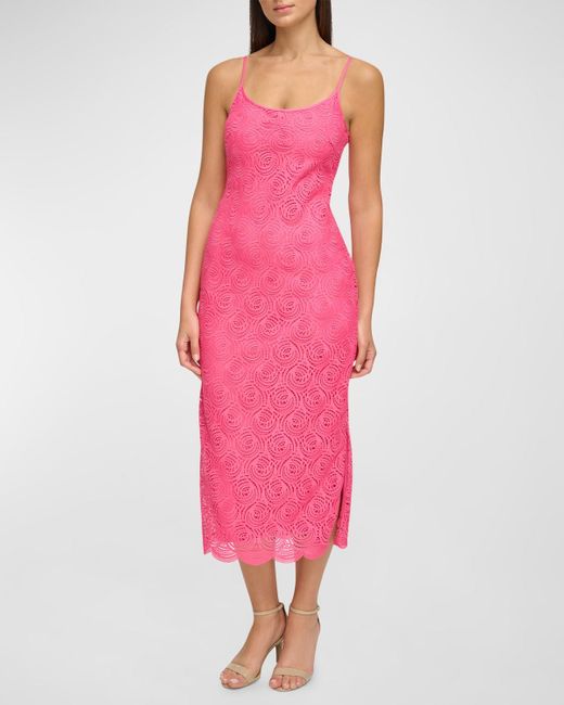 Donna Karan Pink Sleeveless Side-slit Lace Midi Dress