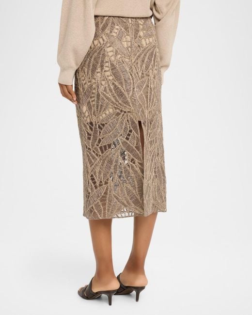 Brunello Cucinelli Natural Leaf-Pattern Openwork Midi Skirt