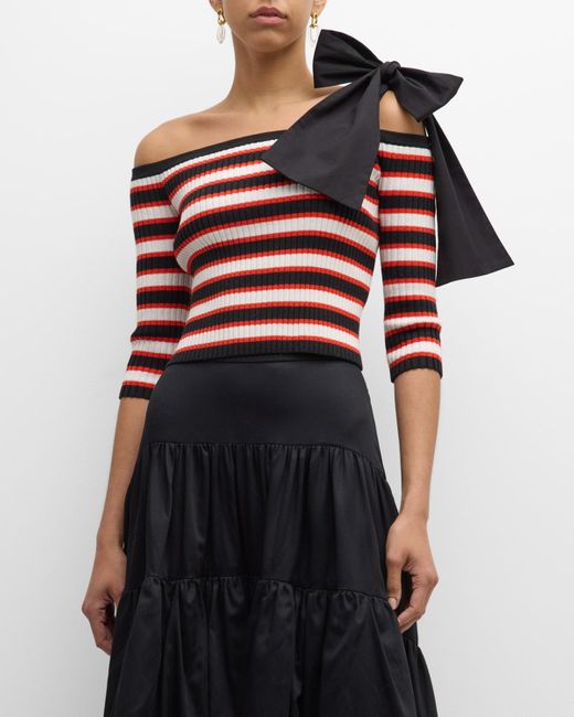 Hellessy Red Carlo Bow Off-The-Shoulder Striped Rib Crop Top