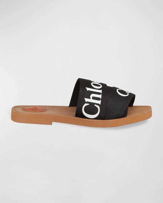 Chloé Brown Woody Flat Logo Ribbon Slide Sandals