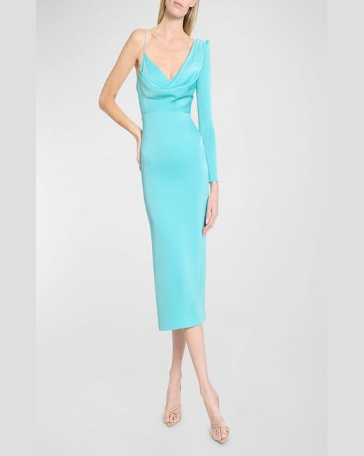 Alex Perry Blue Asymmetric One-Shoulder Drape Satin Crepe Midi Dress