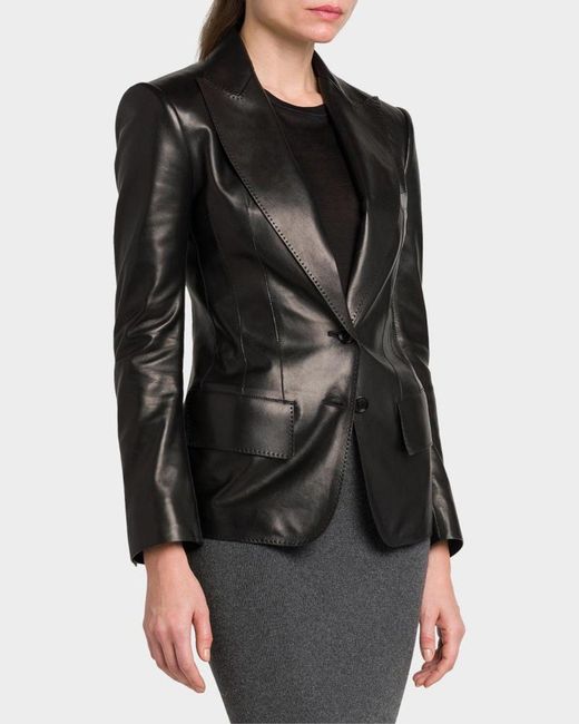 Tom Ford Black Leather Peak Lapel Jacket