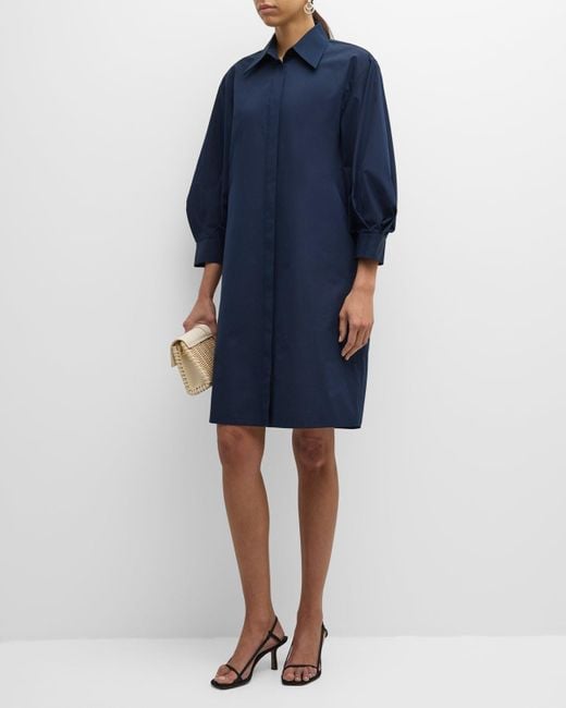 Lafayette 148 New York Blue Blouson-Sleeve Cotton Poplin Midi Shirtdress