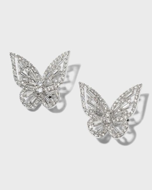 Alexander Laut Metallic White Gold Baguette And Round Diamond Butterfly Earrings