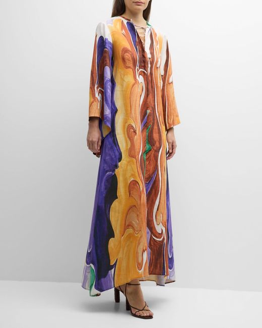 Dorothee Schumacher Blue Rainbow Flames Printed Lace-up Linen Maxi Dress