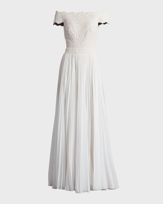 Tadashi Shoji White Off-Shoulder Floral Lace & Pleated Chiffon Gown