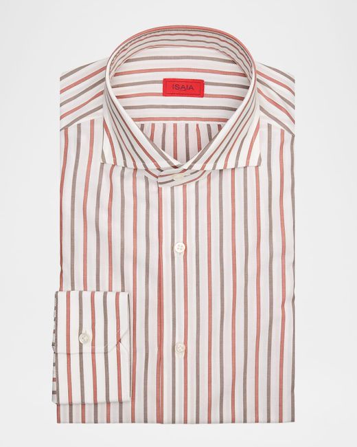 Isaia Pink Cotton Bicolor Stripe Spread-Collar Dress Shirt for men