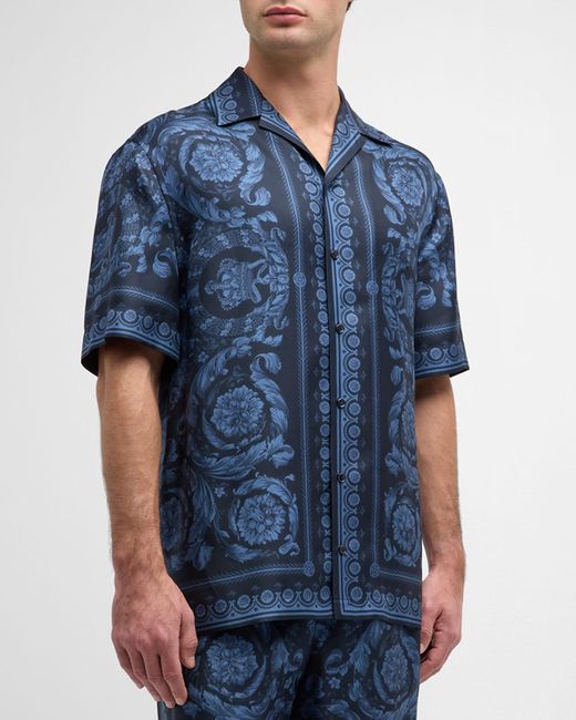 Versace Blue Baroque-Print Silk Short-Sleeve Shirt for men