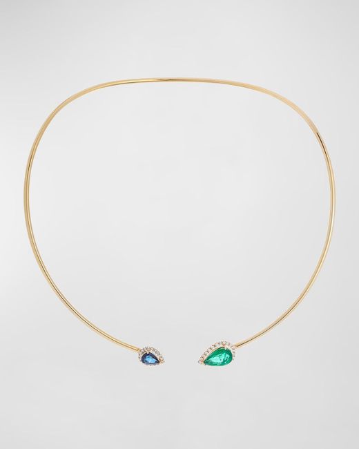 Krisonia White 18k Yellow Gold Necklace With Diamond Halos, Emerald And Blue Sapphire