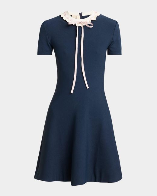 Valentino Garavani Blue Ribbon Ruffle-Trim Knit Mini Dress