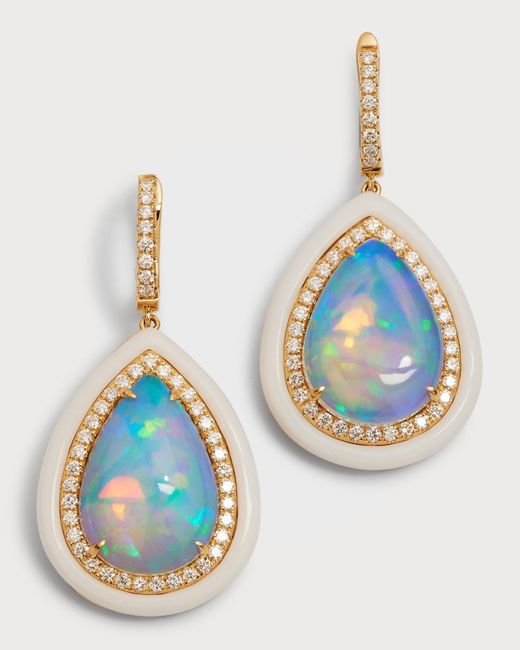 David Kord Blue 18k Yellow Gold Earrings With Pear-shape Opal, Diamonds And White Frame, 12.01tcw