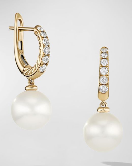 David Yurman Metallic Pearl And Pave Drop Earrings With Diamonds In 18k Gold, 9mm, 0.61"l