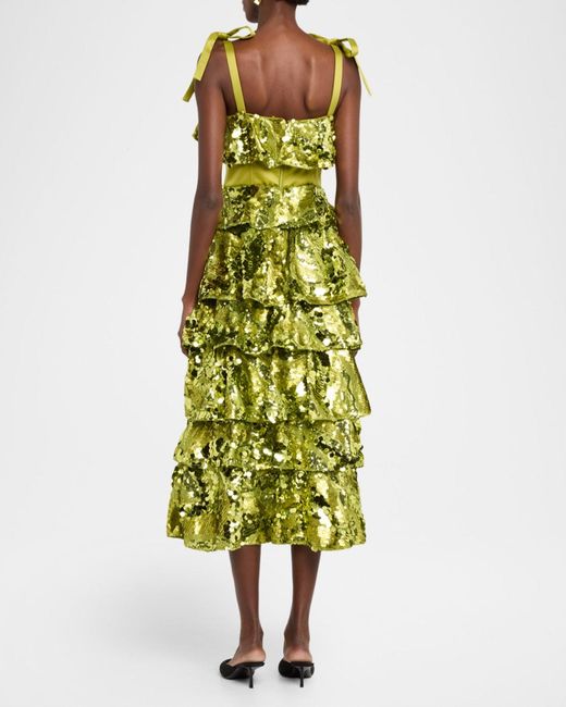 AKNVAS Asta Sequined Ruffle Midi Dress in Green | Lyst