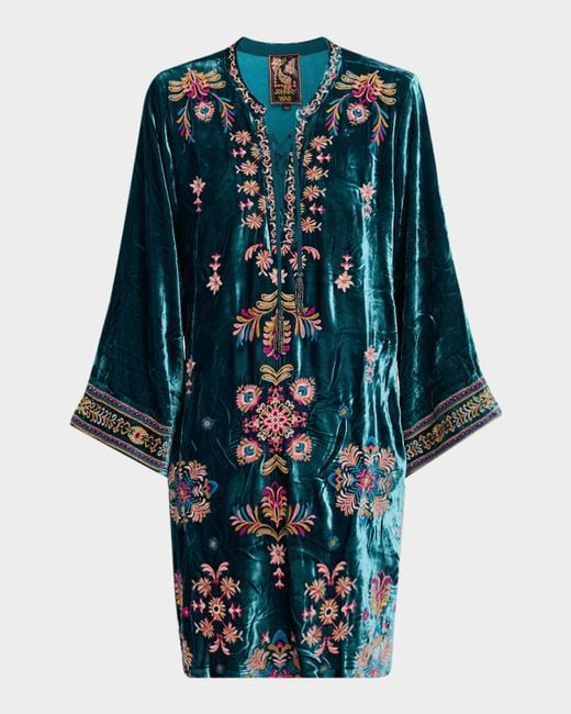 Johnny Was Embroidered Lace-Up Velvet Mini Dress in Blue | Lyst