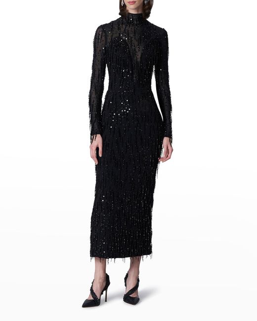 Carolina Herrera Embellished Plunging Illusion Midi Dress in Black | Lyst