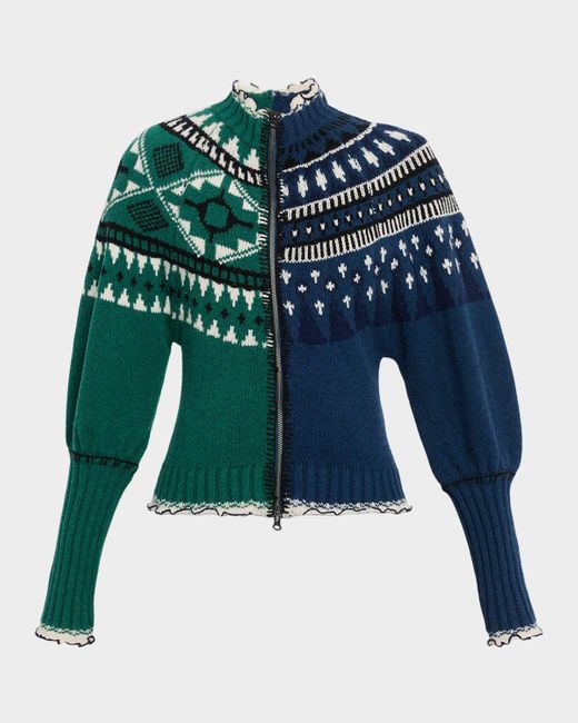 Sea Blue Linea Zip-Front Fair Isle Cardigan