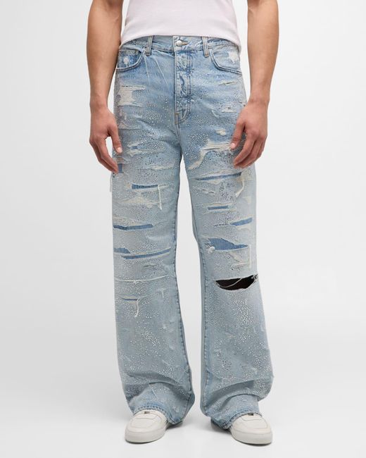 Amiri Blue Crystal-Embellished Repaired Baggy Jeans for men