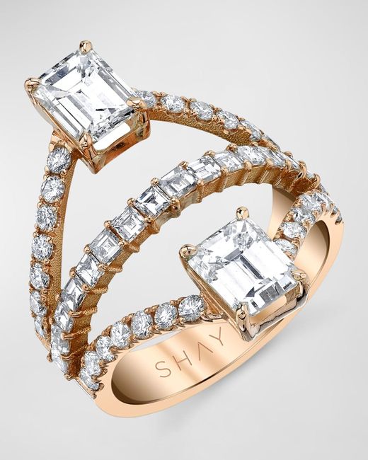 SHAY Metallic 18K Rose Princess And Double Emerald Cut Diamond Ring