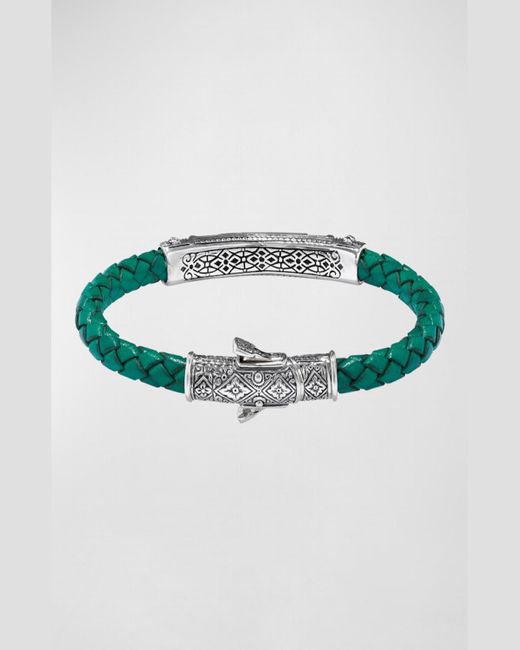 Konstantino Green Braided Leather Stone Bracelet W/ Sterling Silver for men