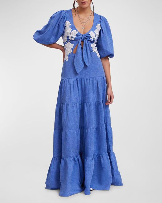 Anne Fontaine Blue Gaelle Embroidered Cutout Tiered Maxi Dress