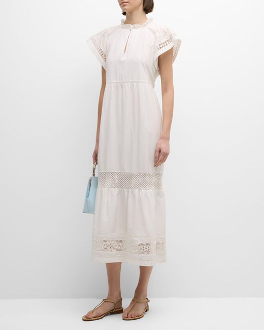 Marie Oliver White Day Raglan-Sleeve Lace-Inset Midi Dress