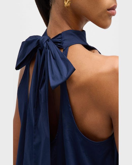 Staud Blue Marlowe Halter Neck-Tie Cotton Poplin Midi Dress