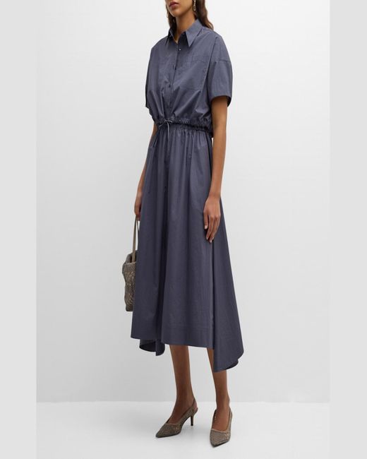 Brunello Cucinelli Blue Light-Weight Shirtdress With Fitted Waist And Monili Loop Detail