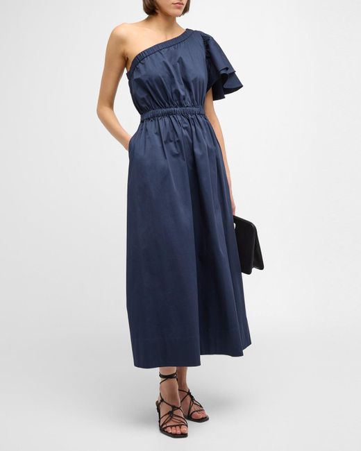 Cynthia Rowley Blue One-Shoulder Cotton Midi Dress